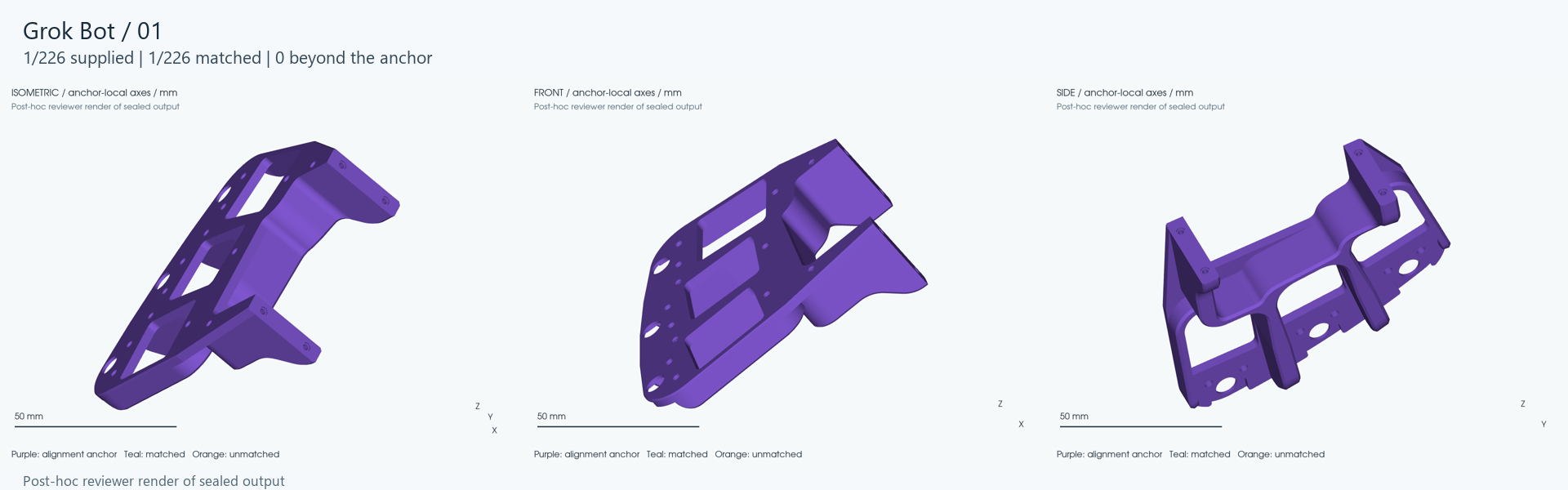 Three views of the single component returned by Grok Bot 01.