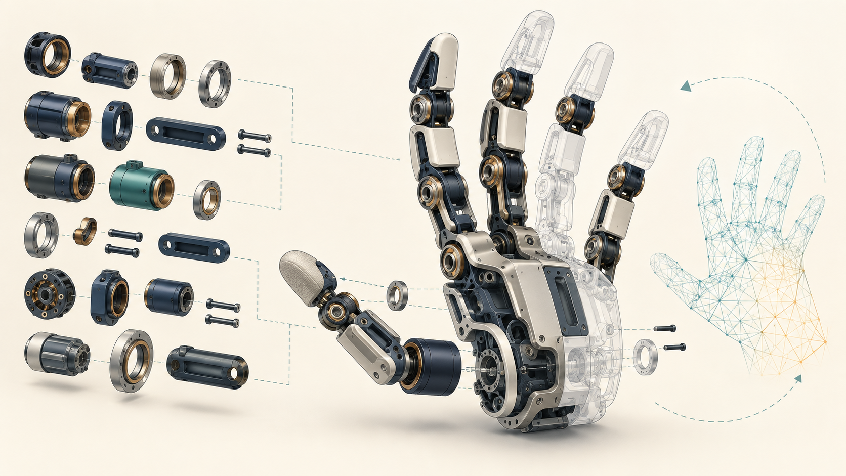 Conceptual illustration: separate mechanical parts become a robotic hand, with a future simulation loop. This is not a benchmark return or an FEA result.